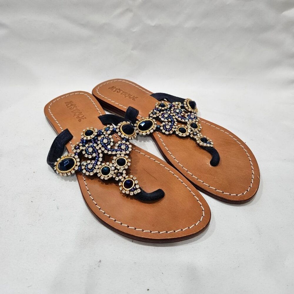 Mystique Jeweled Thong Sandals Womens 8 Navy Beaded Rhinestone Leather Flats
